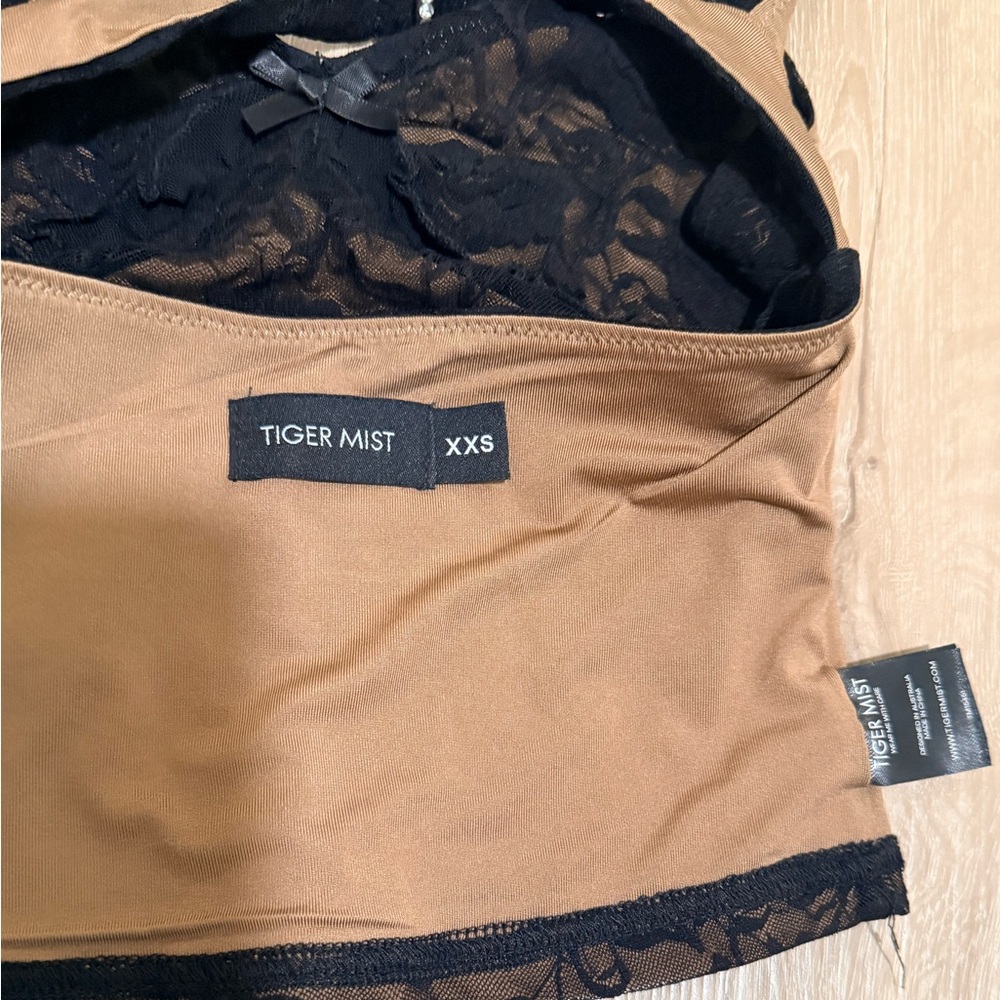 Tiger Mist Camel and Black Lace Crop Top